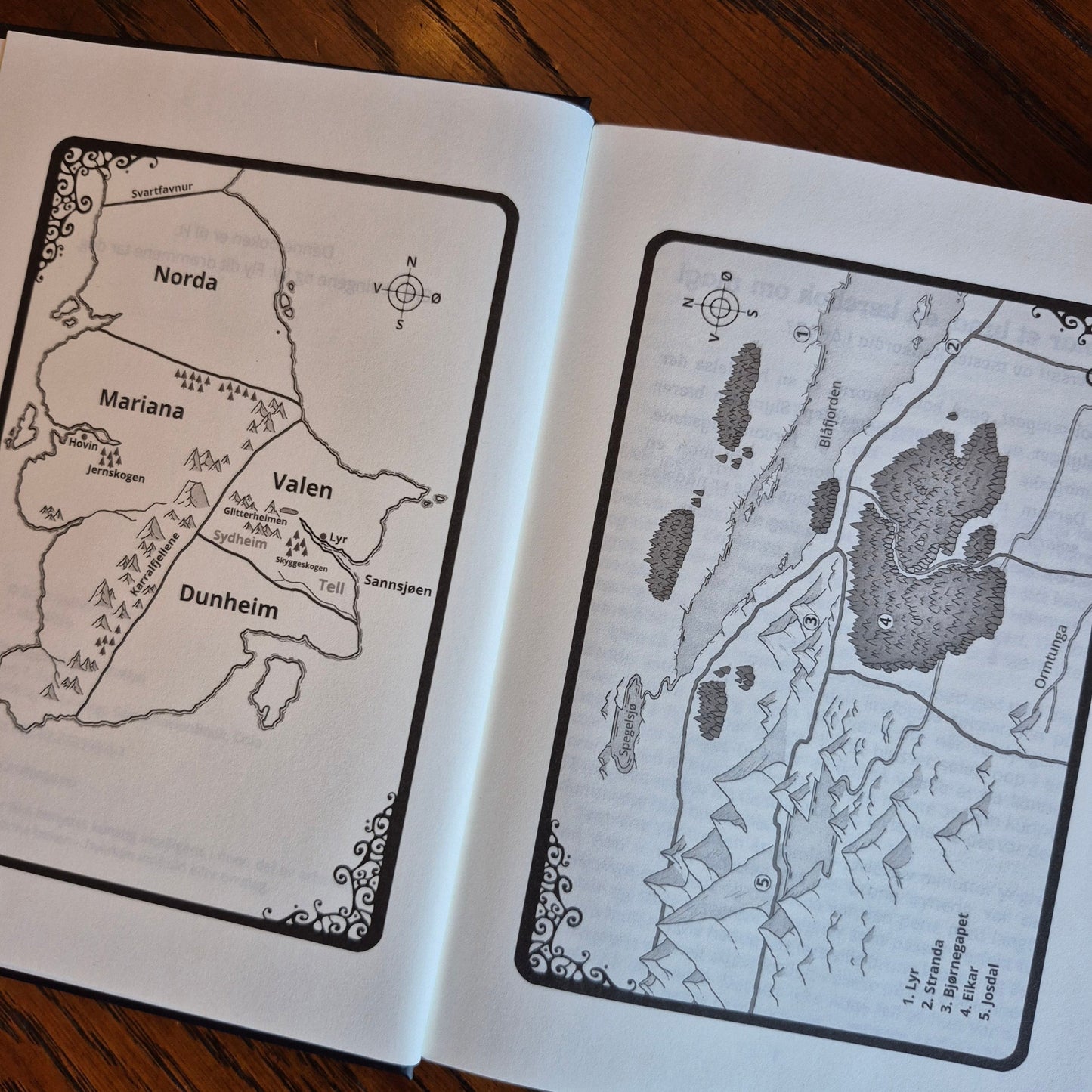 Boken ligger åpen på et bord og viser et kart over de fire troll-land, og et kart over Livies reise i boken.